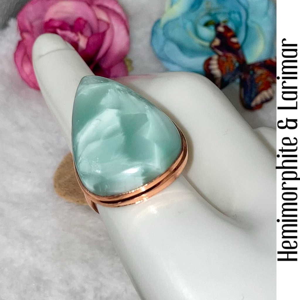 Hemimorphite & Larimar Gemstone Rose Gold Plated Handmade Ring Size 8